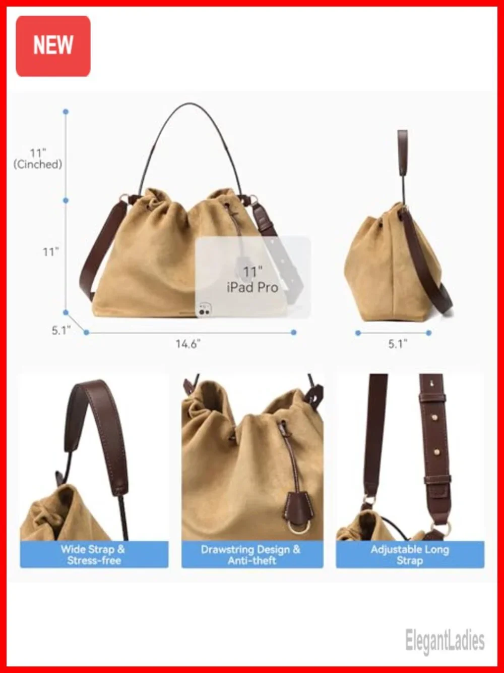 Faux Suede Vegan Leather Slouchy Hobo Drawstring Crossbody Shoulder Bag